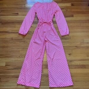 Retro 60s-70s Pink & White Polkadot Wide Leg Jumpsuit Vintage Clowncore Size S